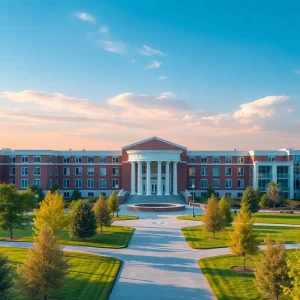 Illustration of a university merging with healthcare attributes