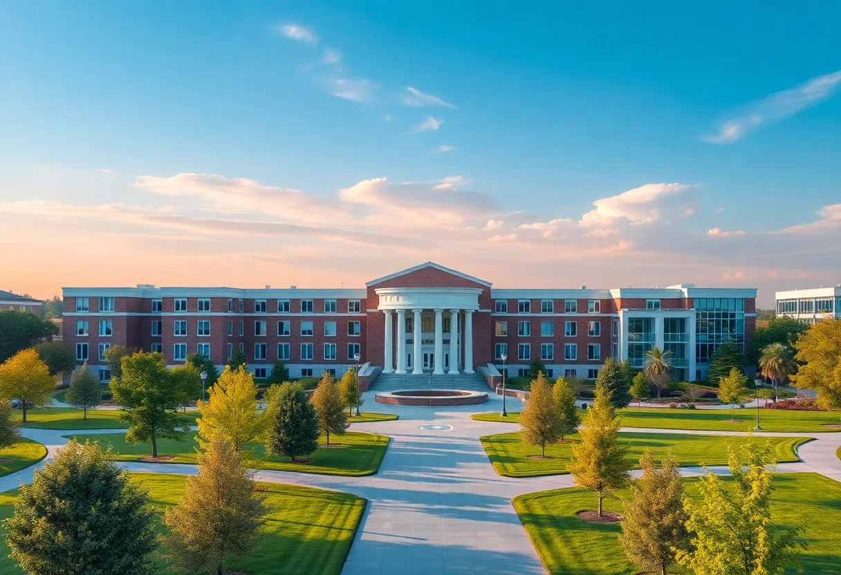 Illustration of a university merging with healthcare attributes