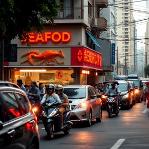 A tense urban street scene with vehicles and a seafood restaurant