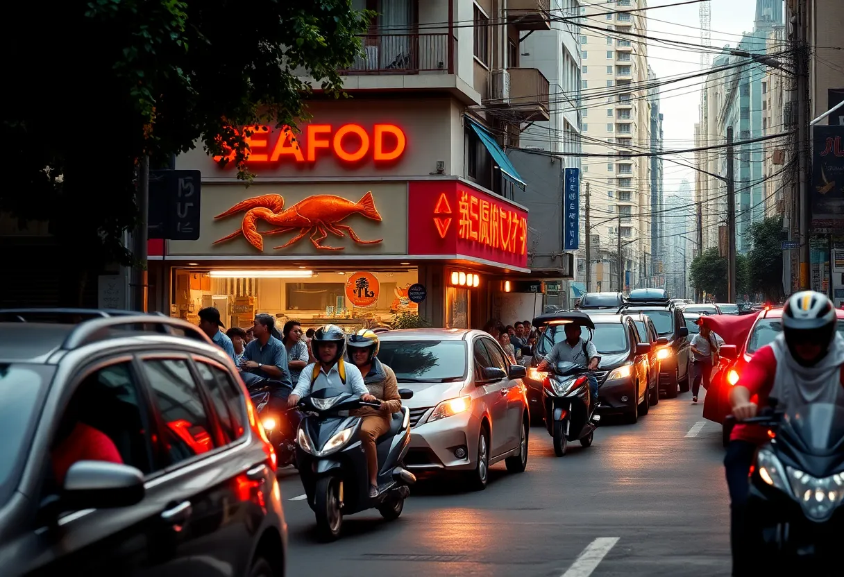 A tense urban street scene with vehicles and a seafood restaurant