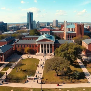 Campus view of the University of Texas at Austin with students