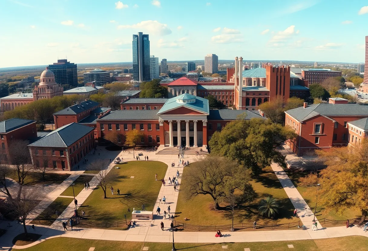 Campus view of the University of Texas at Austin with students