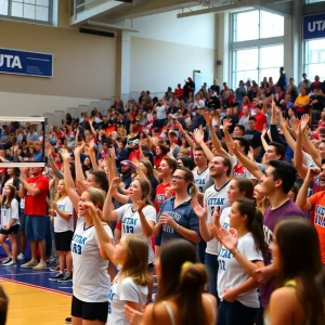 Fans cheering for UTA volleyball team during a match