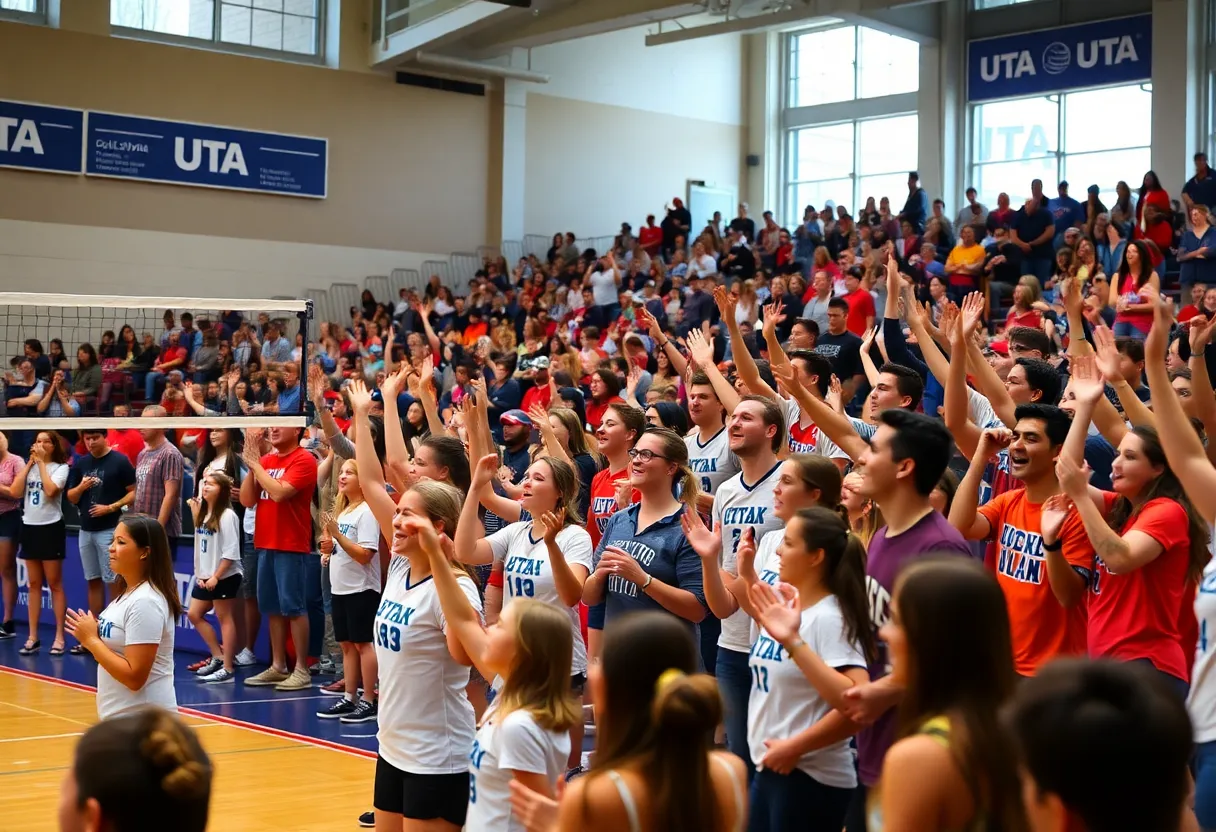 Fans cheering for UTA volleyball team during a match