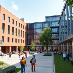 Newly developed area of UTSA Campus with modern buildings and students