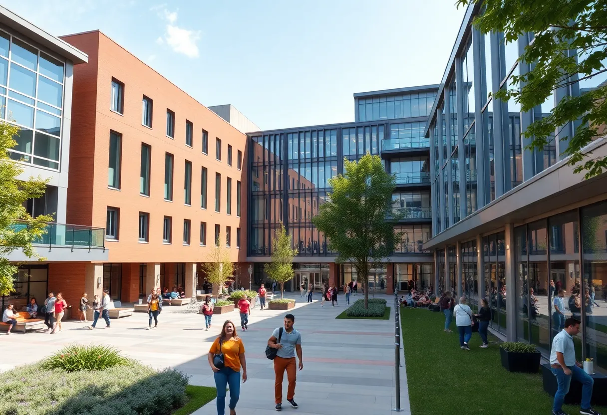 Newly developed area of UTSA Campus with modern buildings and students