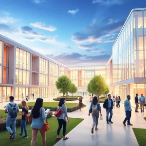 Artistic depiction of a university campus symbolizing the merger of educational and healthcare institutions.