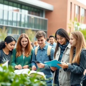 Diverse students on a university campus engaged in research activities.