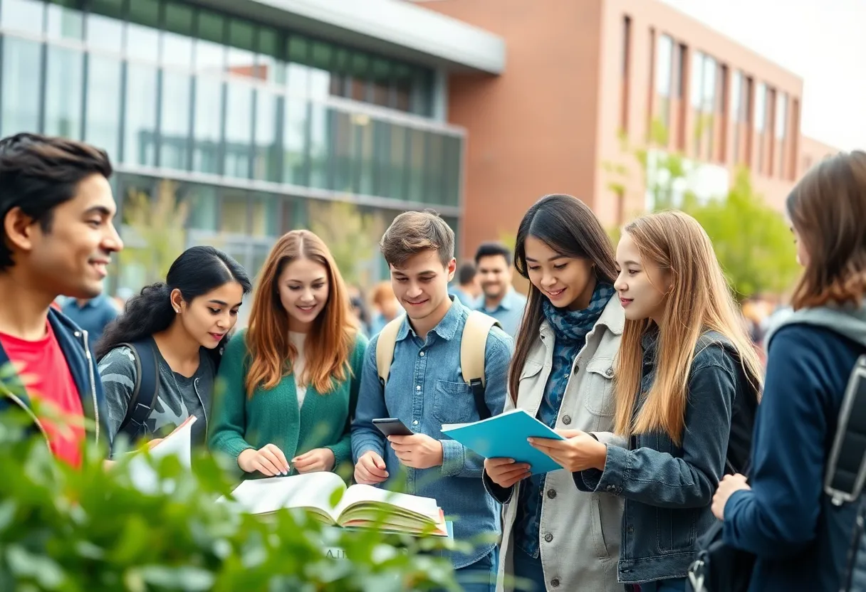 Diverse students on a university campus engaged in research activities.