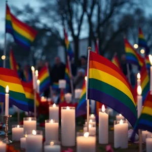 Vigil with candles and rainbow flags for LGBTQ+ rights