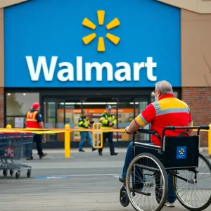 Scene of a crash outside Walmart with emergency services present.