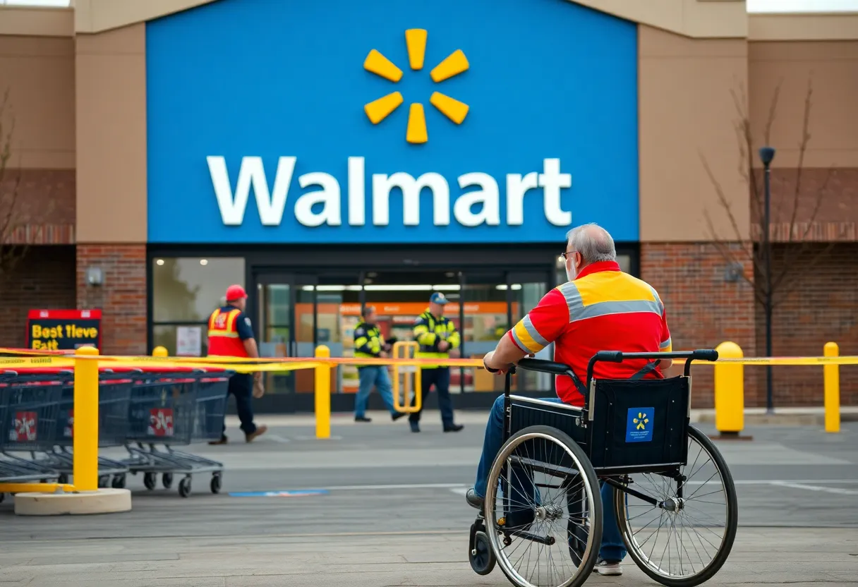 Scene of a crash outside Walmart with emergency services present.