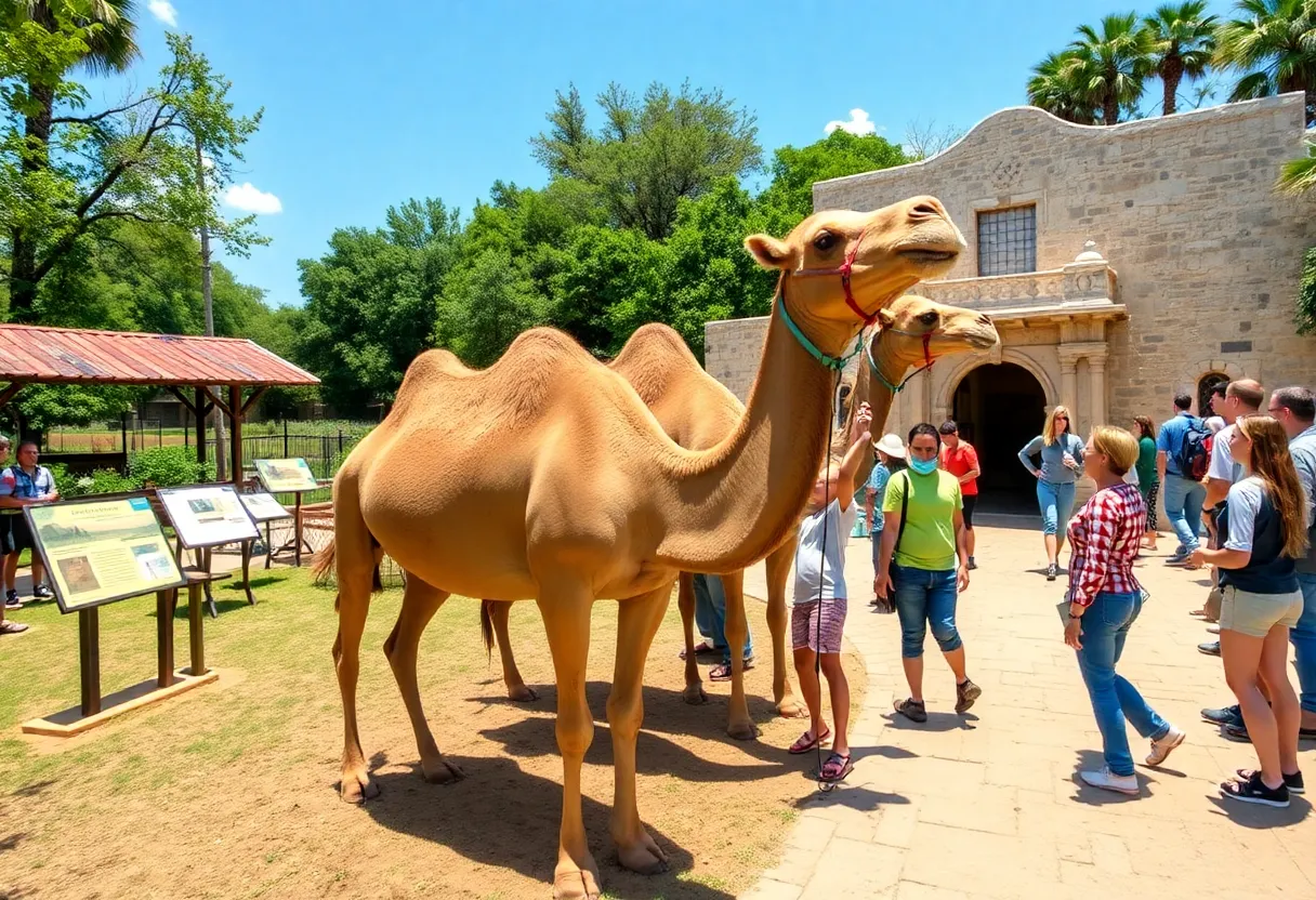 Visitors interacting with camels at the Alamo Gardens during World Camel Day.