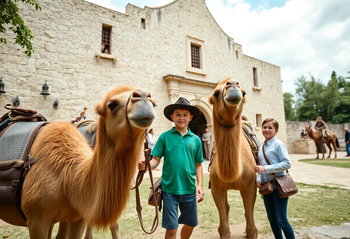 Families interacting with camels at the Alamo during World Camel Day.