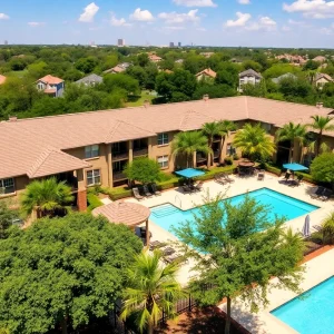 Exterior view of Allure Apartments in San Antonio, showcasing swimming pool and landscaping