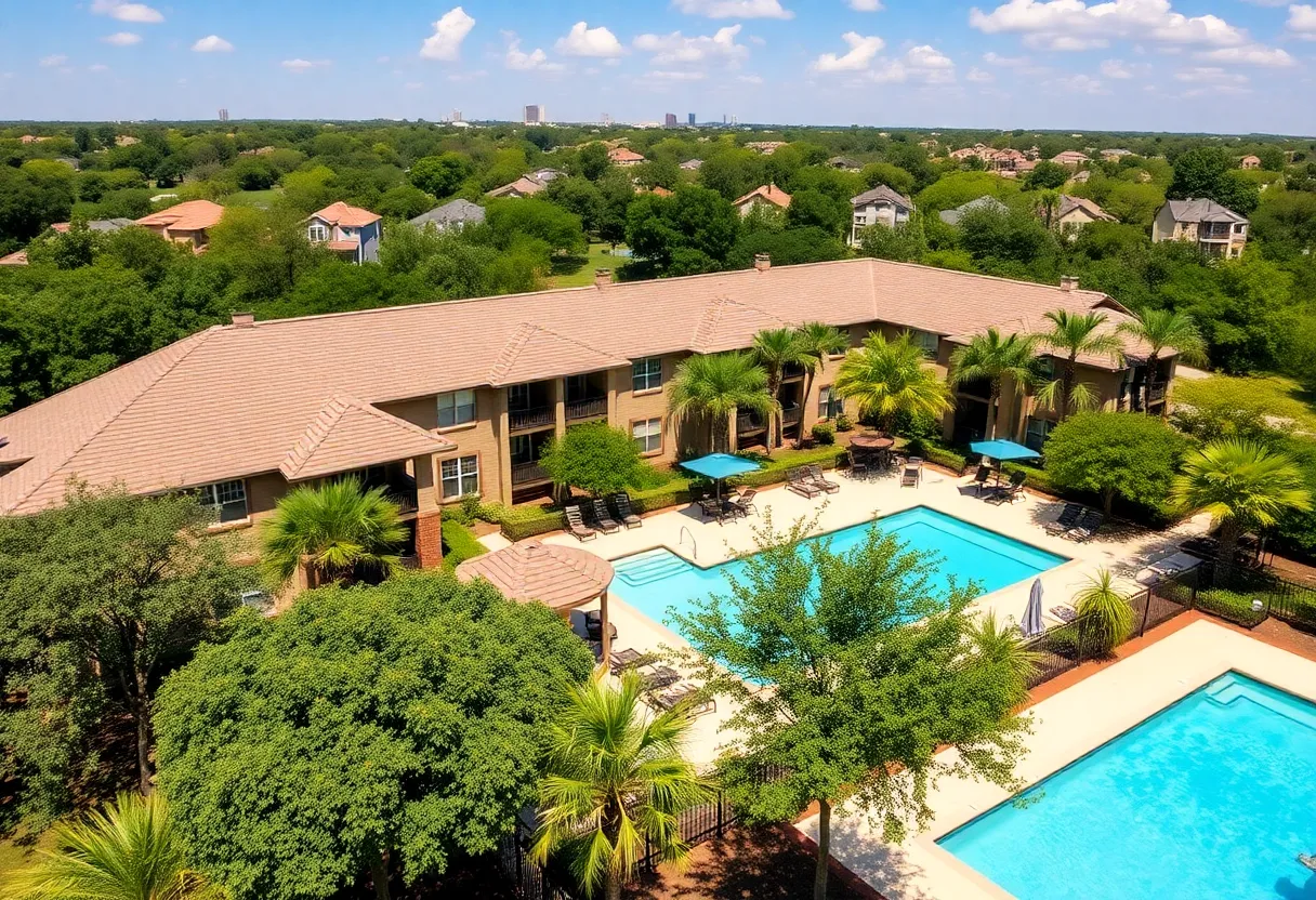 Exterior view of Allure Apartments in San Antonio, showcasing swimming pool and landscaping