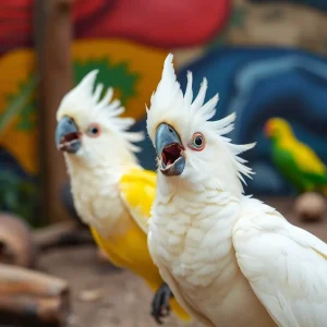 A group of baby palm cockatoos singing and screeching at the San Antonio Zoo.