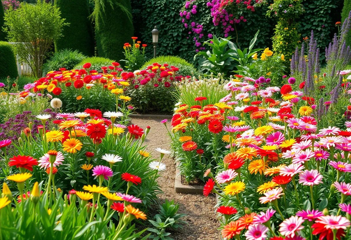 Serene garden filled with vibrant flowers