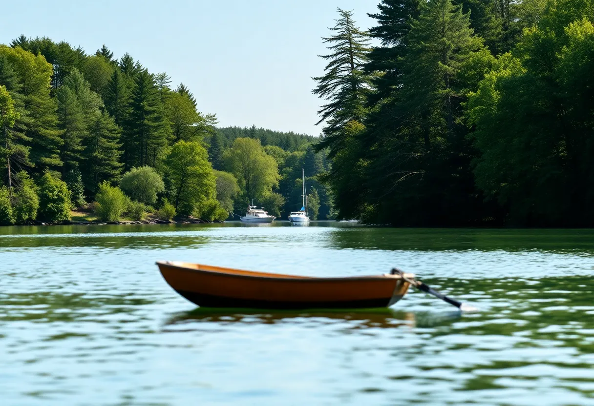 Calaveras Lake with boats and trees around
