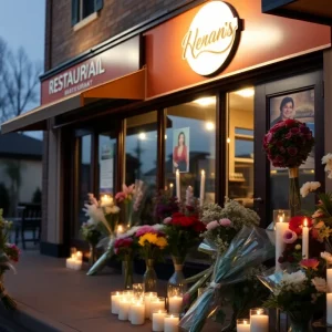 Candlelight vigil outside a restaurant in memory of a community leader.
