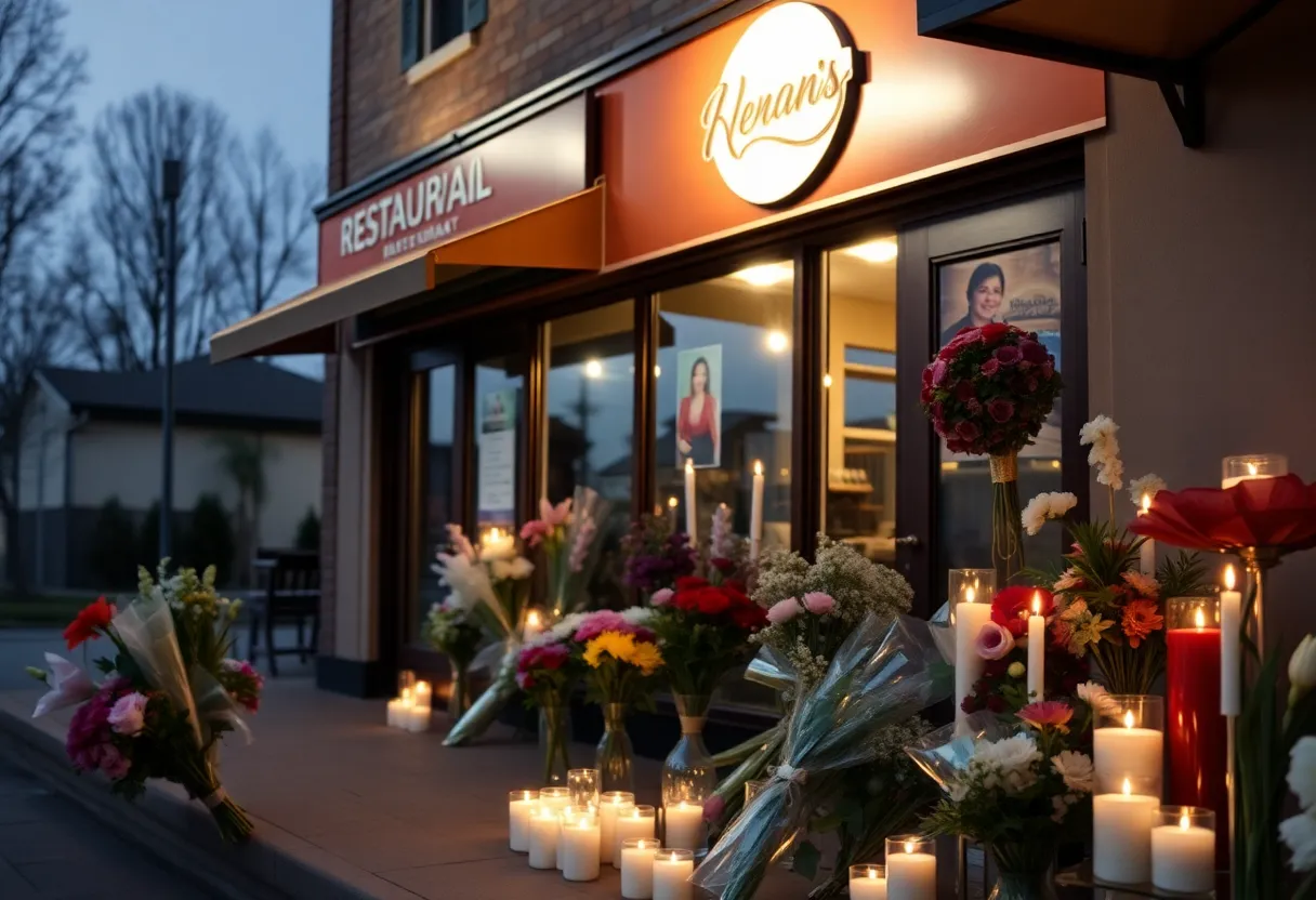 Candlelight vigil outside a restaurant in memory of a community leader.