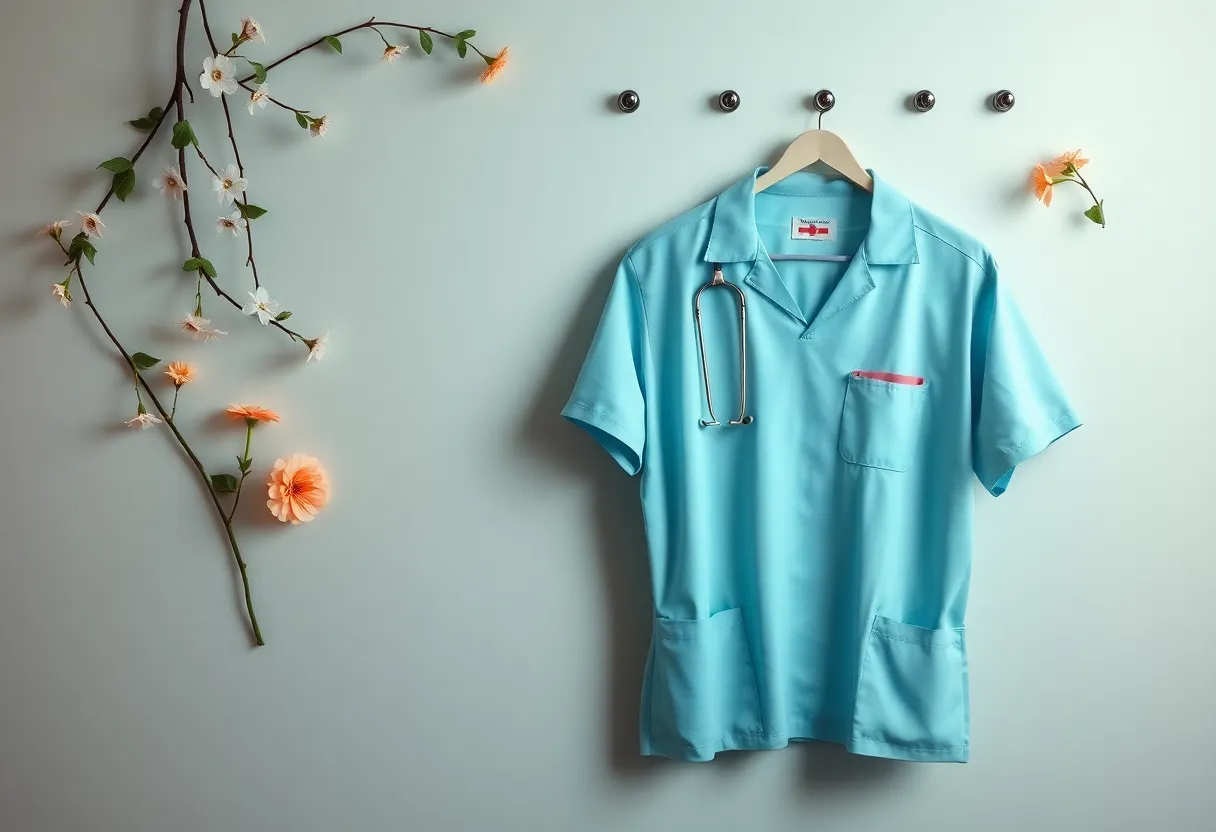 Memorial for Cathy Guerrero with flowers and a nurse's uniform