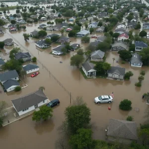 Flooded landscape in Central Texas with rescue efforts underway.