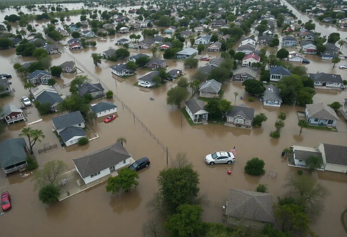 Flooded landscape in Central Texas with rescue efforts underway.