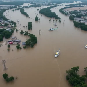 Aerial view of flooding in Central Texas with rescue operations underway