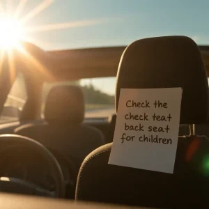 A reminder note on a car dashboard about child safety in vehicles.