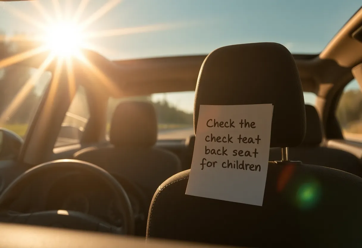 A reminder note on a car dashboard about child safety in vehicles.