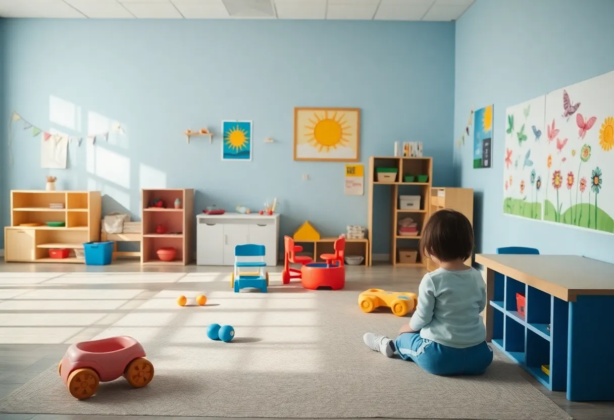 Daycare center interior with children's art, evoking a sense of calm and concern.