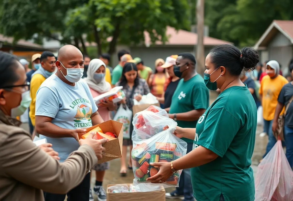 Volunteers distributing food supplies for flood relief in San Antonio.