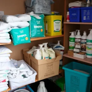 A view of a stocked community hygiene closet with personal care products.