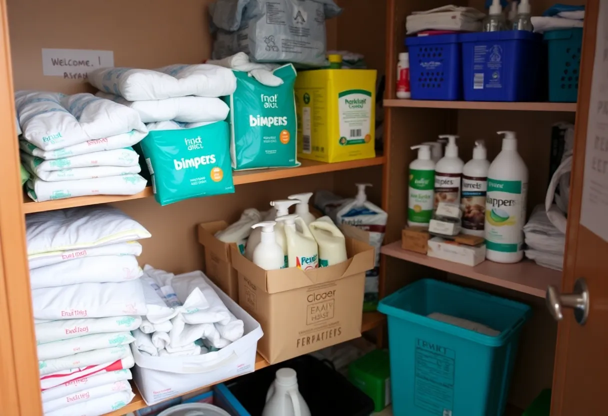 A view of a stocked community hygiene closet with personal care products.