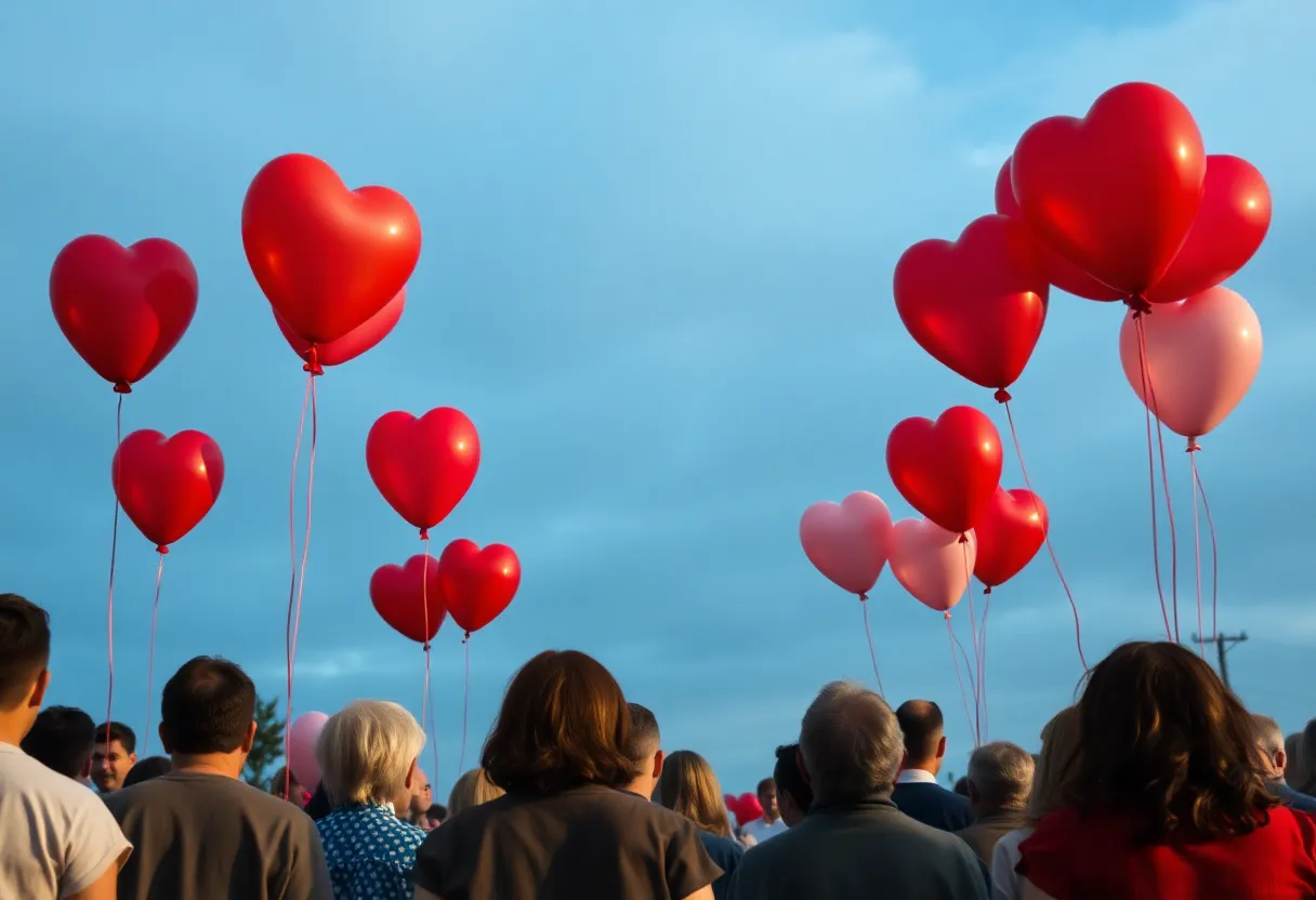 Community members release balloons in memory of a tragic dog attack victim.
