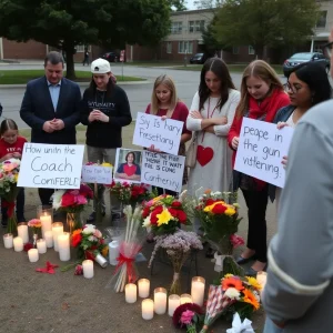 Community gathering with candles and flowers in a schoolyard for coach's remembrance.