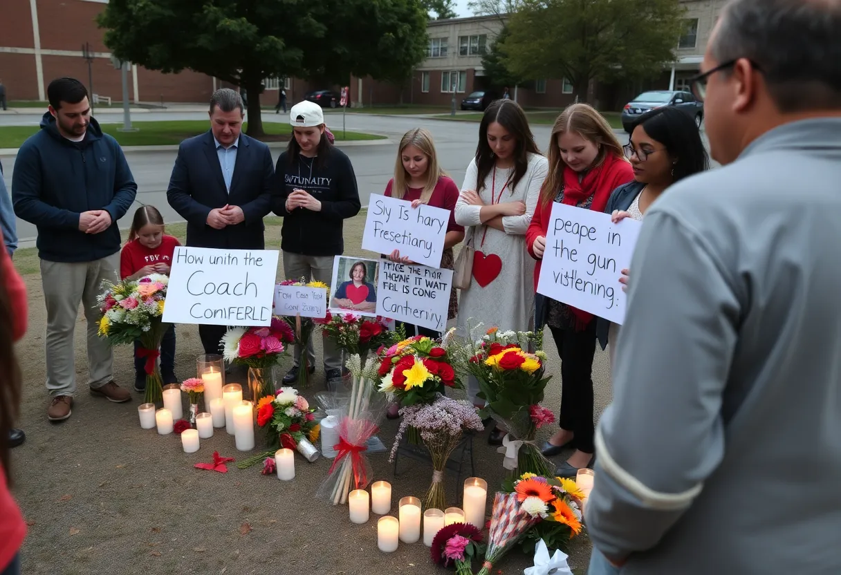 Community gathering with candles and flowers in a schoolyard for coach's remembrance.