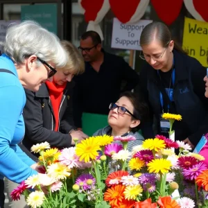Volunteers assisting individuals with visual impairments at a community service event.