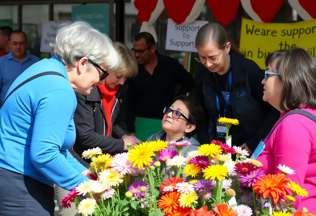 Volunteers assisting individuals with visual impairments at a community service event.