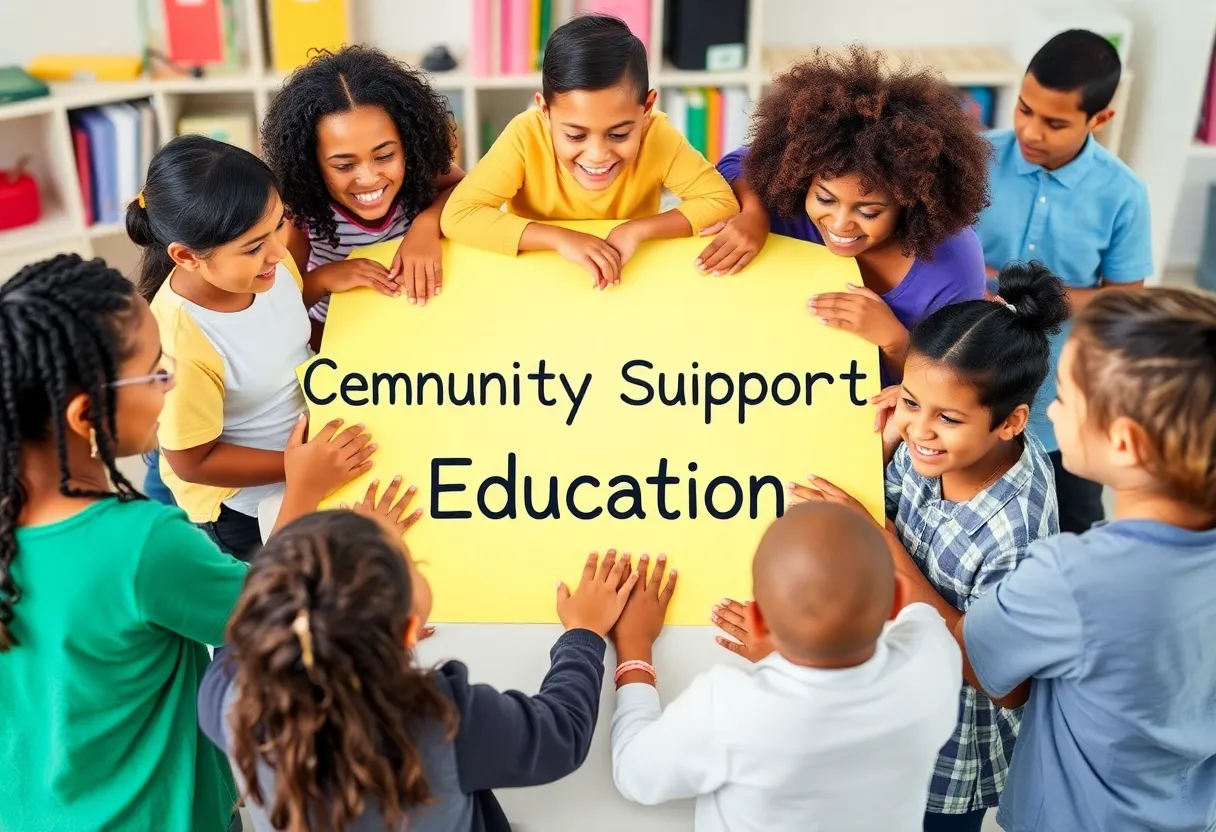 A gathering of community members celebrating education and support.