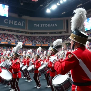 Drum corps performing at the DCI Southwestern Championship in a lively stadium