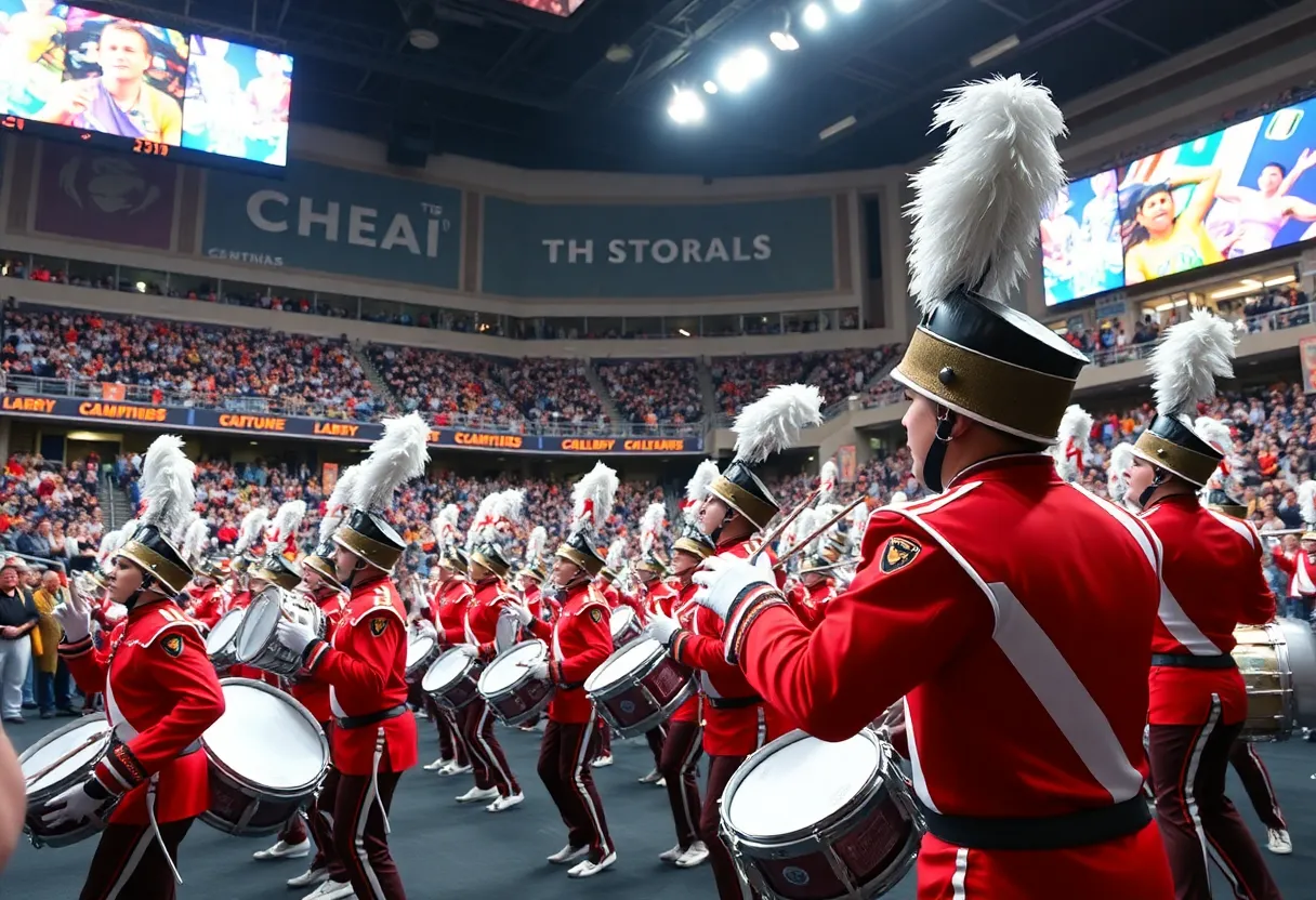 Drum corps performing at the DCI Southwestern Championship in a lively stadium