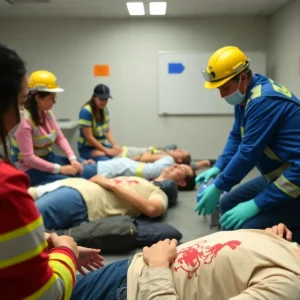 Volunteers role-playing as victims in disaster simulation training.