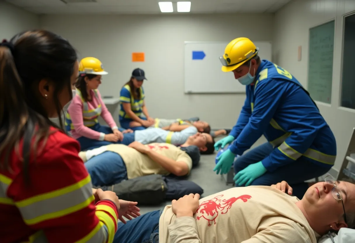 Volunteers role-playing as victims in disaster simulation training.