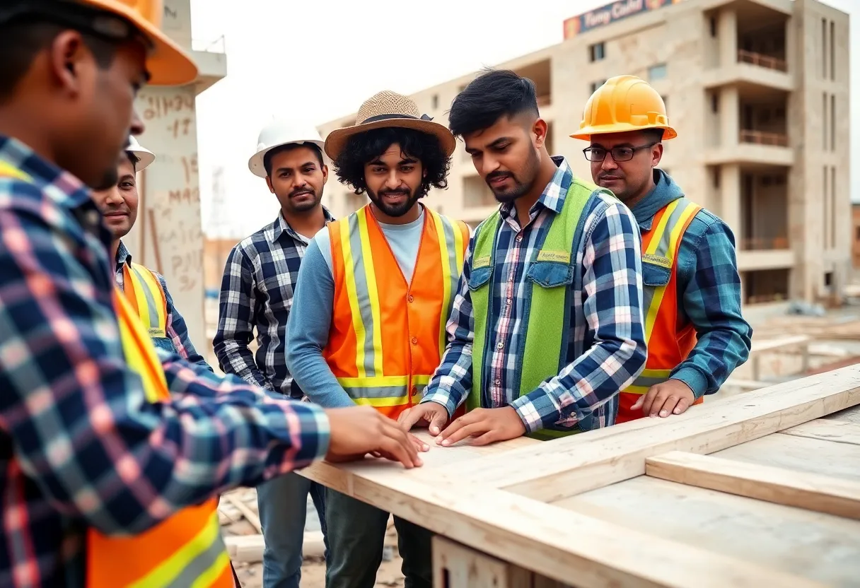 Construction workers on site in Texas, representing diversity and immigrant labor.