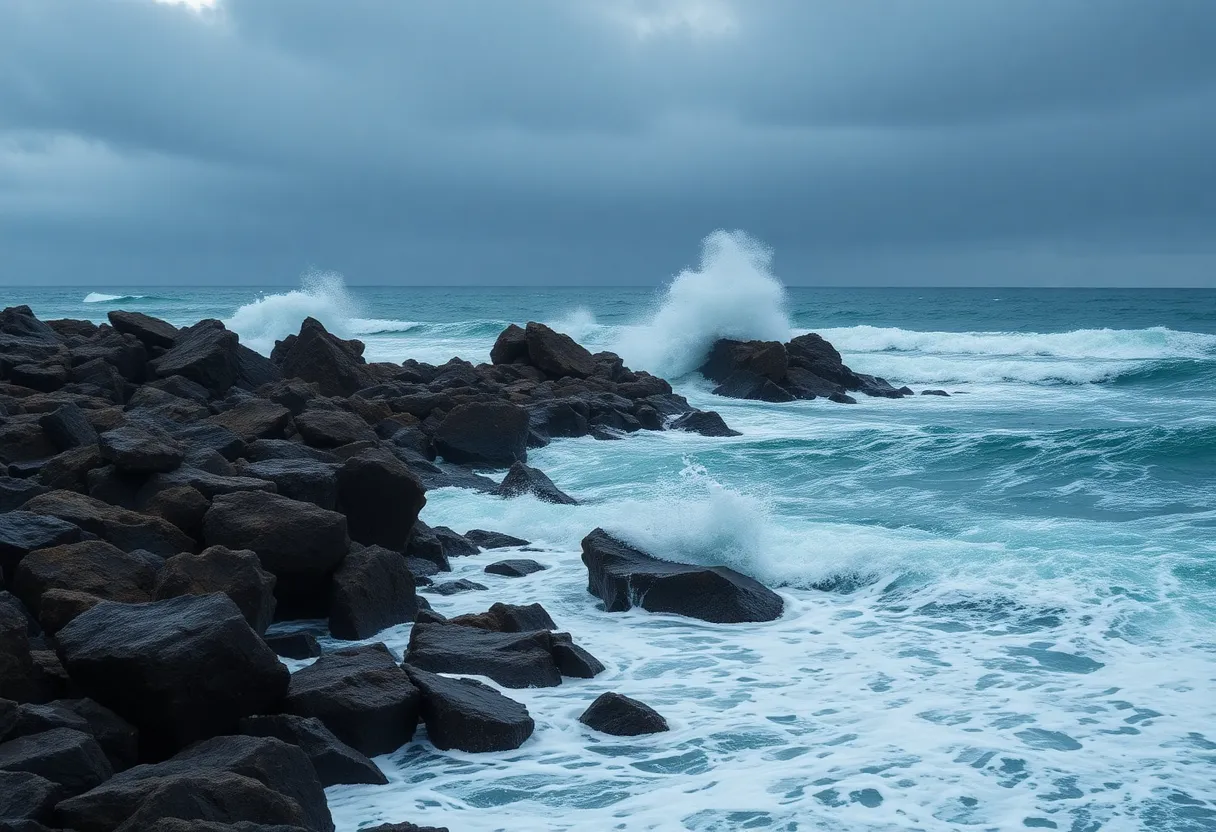 Coastal landscape affected by earthquake with crashing waves