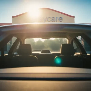 An empty car parked in the sun outside a daycare
