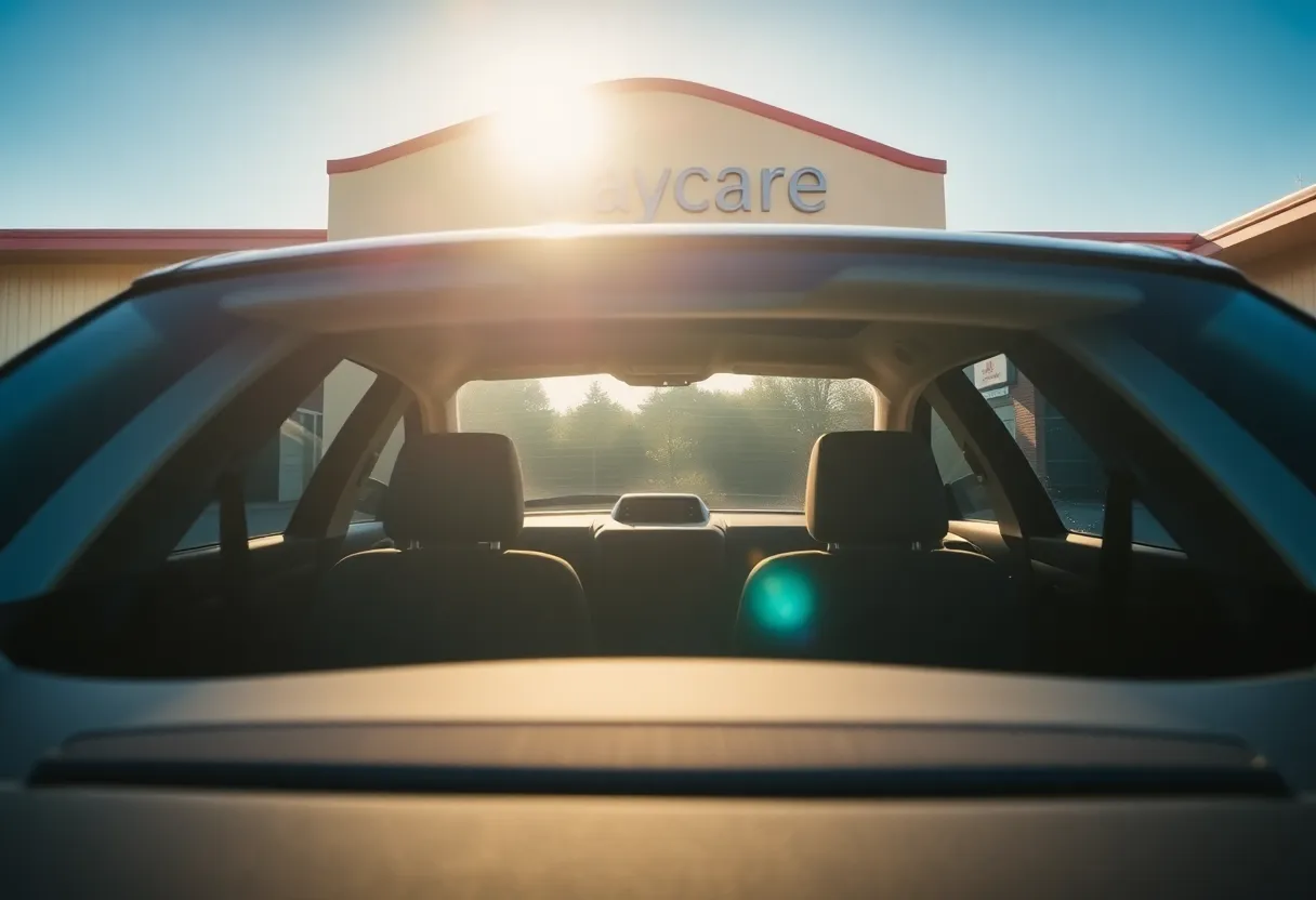 An empty car parked in the sun outside a daycare
