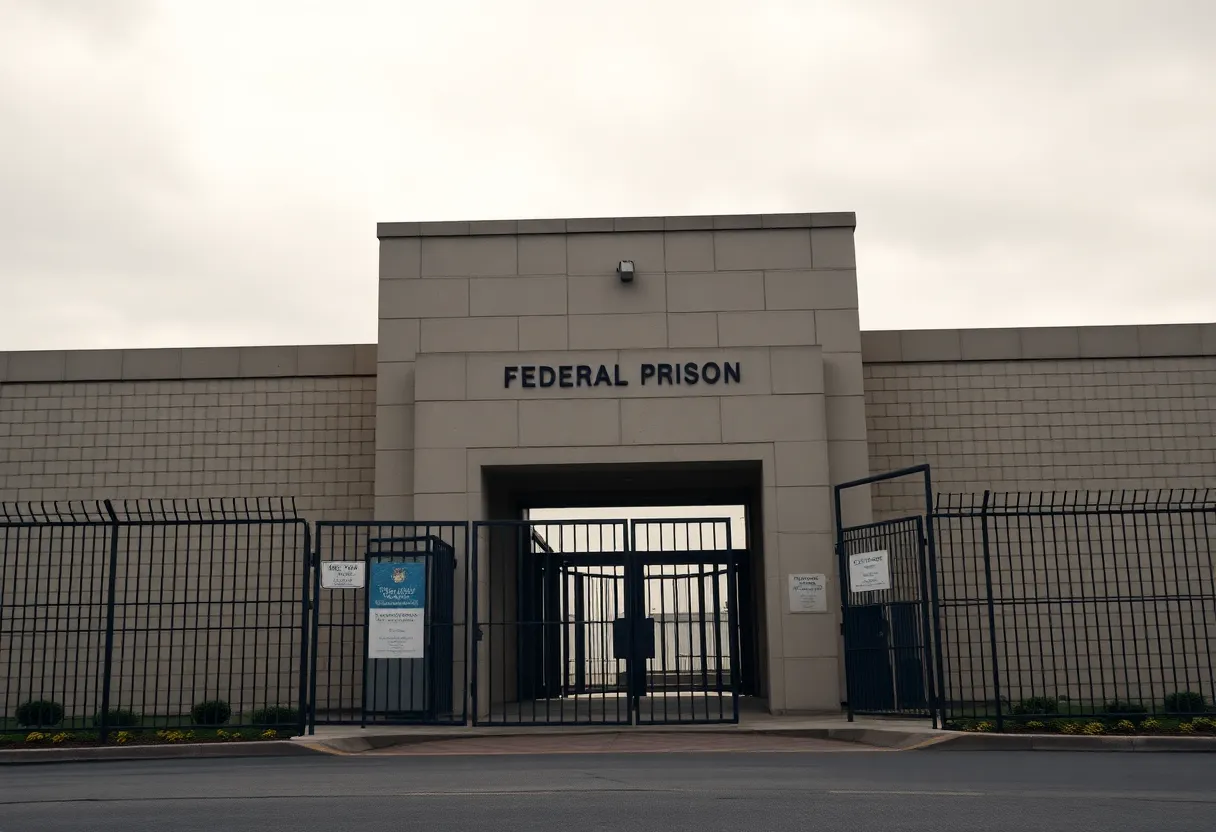 Entrance of a federal prison with a sense of solemnity